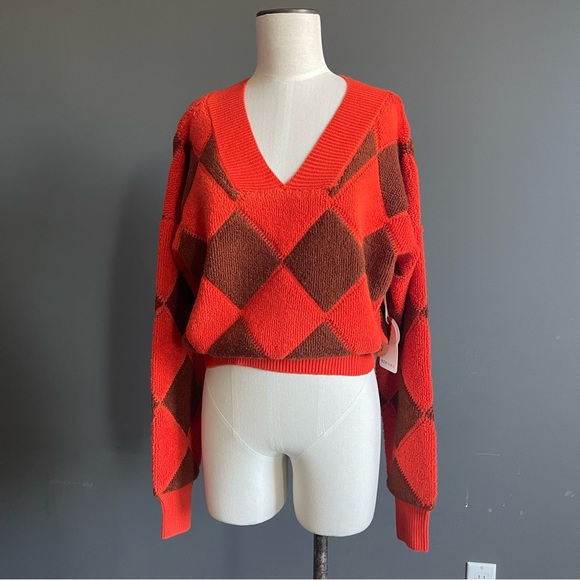 NWT Kerisma Argyle V-Neck Sweater - Orange and Brown